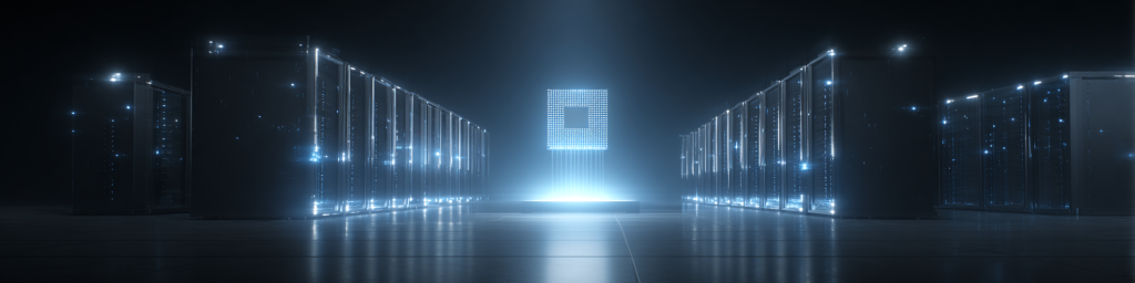 Futuristic data center interior, server racks lined up, glowing chip - shaped structure in the center, high - tech digital infrastructure, advanced data storage facility