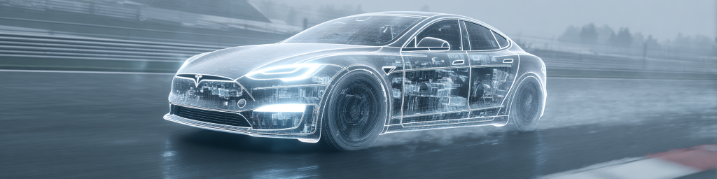 Tesla wireframe model showing internal components, race track backdrop, futuristic automotive design concept