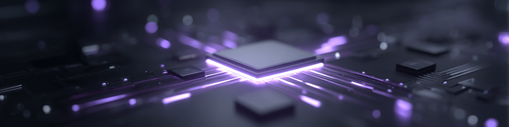Purple chip, circuit board, glowing, semiconductor, tech hardware