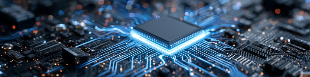 Chip, circuit board, blue illuminated circuits, orange particles, semiconductor tech
