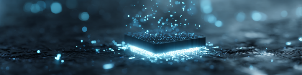 Microchip on circuit board with glowing particles, showcasing electronic components and semiconductor technology