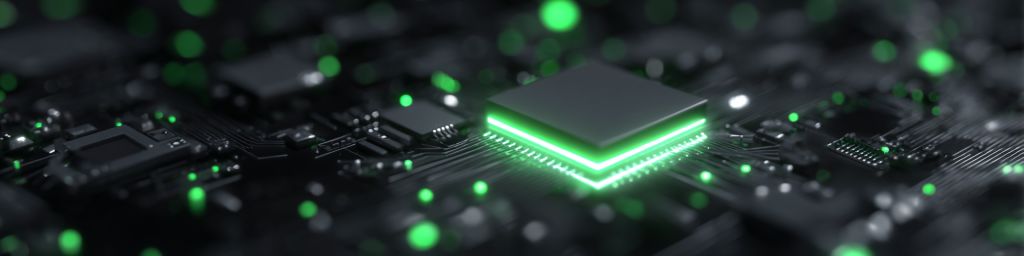 Advanced microchip with green lighting on circuit board - semiconductor technology with futuristic design