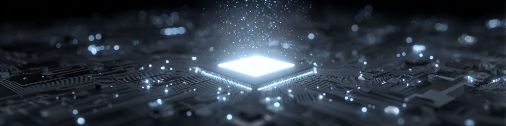 Bright glowing chip, circuit board, digital particles, semiconductor technology, tech hardware
