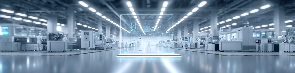 Smart factory interior scene, high - tech manufacturing plant with digital holographic display, industrial 4.0 concept, automated production line, futuristic factory workspace