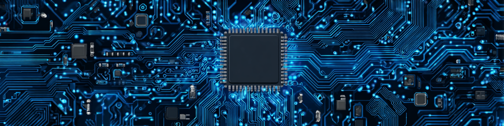 Blue circuit board, central chip, electronic components, tech hardware, semiconductor design