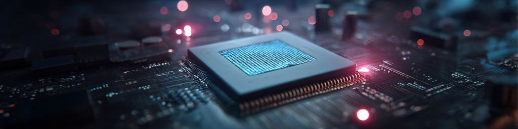 Chip, circuit board, blue grid, red lights, semiconductor, tech component