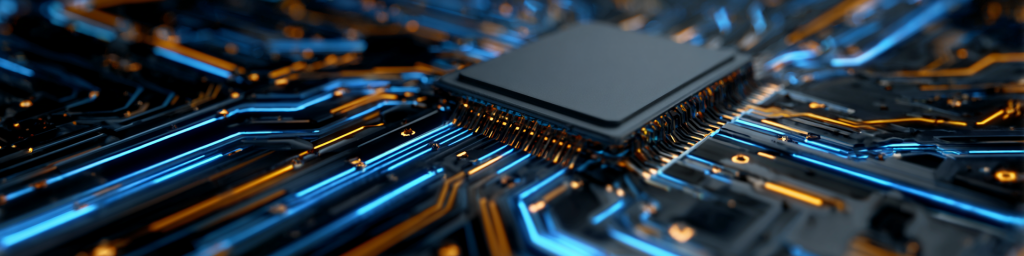 Chip, circuit board, blue and orange illuminated paths, semiconductor, tech hardware