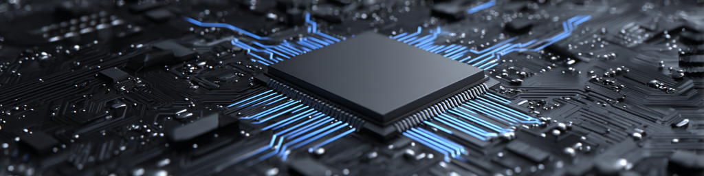 Dark circuit board, blue - lit chip, semiconductor, tech hardware, electronic component