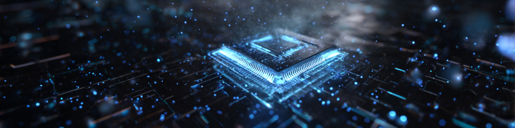 Blue glowing chip, semiconductor, futuristic circuit board, tech hardware, electronic component
