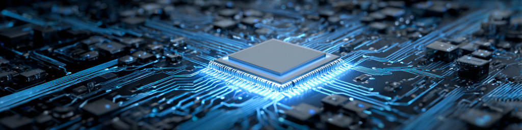 Glowing chip, blue circuit board, semiconductor, tech hardware, electronic component