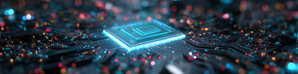 Glowing semiconductor chip, circuit board with colorful bokeh, electronic technology, advanced microchip design