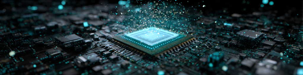 Semiconductor chip, glowing circuit board, teal particle effects, electronic technology, advanced chip design