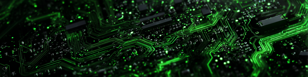 Green circuit board, illuminated electronics, tech hardware, semiconductor components, macro view