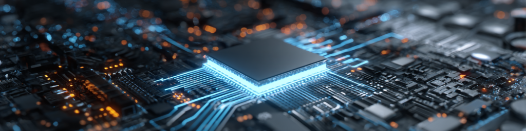 Glowing chip, complex circuit board, semiconductor, tech hardware, electronic component