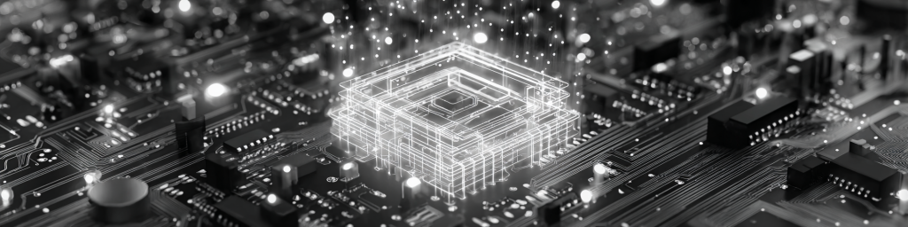 Monochrome circuit board, wireframe chip visualization, semiconductor design, electronic architecture, tech hardware