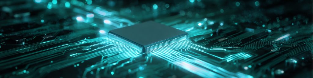 Teal chip, circuit board, glowing electronic paths, semiconductor, tech hardware