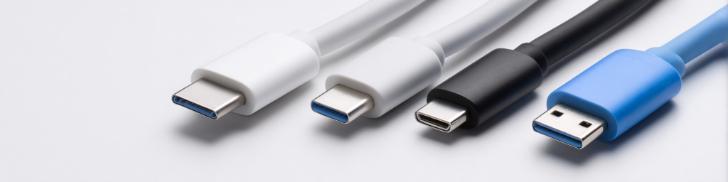 Assorted USB cables, USB-C and USB-A connectors, data transfer, connectivity devices, electronic accessories