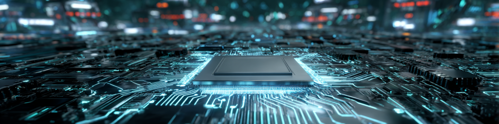 Futuristic processor chip with blue illuminated circuits for high - tech electronics