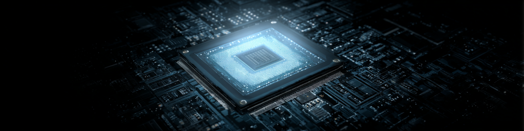 Blue glowing high - tech processor chip on detailed circuit board for advanced electronics