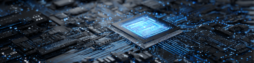 Blue glowing semiconductor chip, intricate circuit board, electronic technology, advanced microchip design