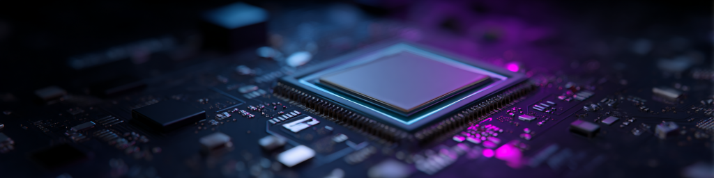 High - tech CPU chip on circuit board with neon lighting
