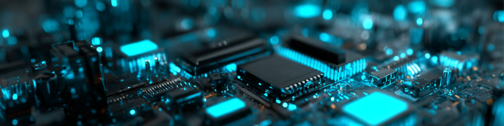 Cyan glowing circuit board, semiconductor chips, electronic hardware, tech innovation