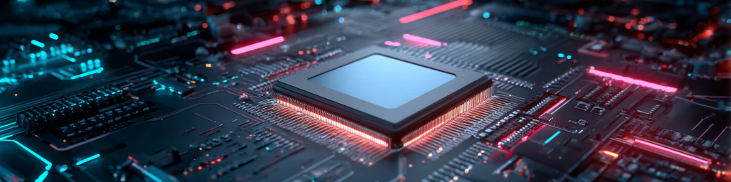 Cyberpunk high - tech processor chip on circuit board with red and blue neon lighting