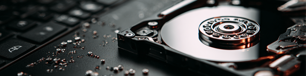 Close - up of disassembled hard drive with metallic components and keyboard for data storage tech