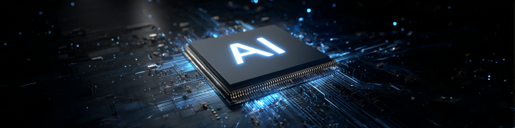 AI processor chip with glowing blue lights on circuit board for artificial intelligence tech