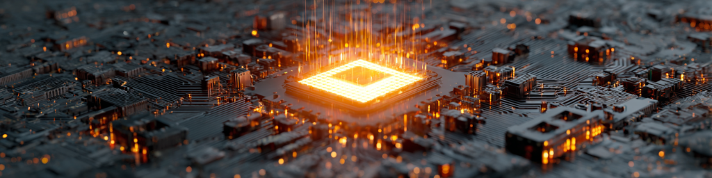 High - tech glowing CPU chip on detailed circuit board with orange illumination