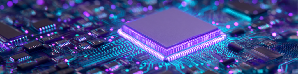 Purple glowing processor chip, cyan-purple circuit board, neon effects, tech innovation, semiconductor electronics