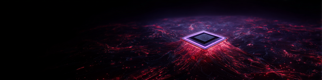 Futuristic processor chip with purple glow and red energetic traces for advanced technology and AI applications