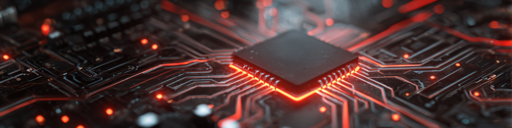 Red glowing chip on circuit board, thermal highlights, electronic technology, semiconductor design