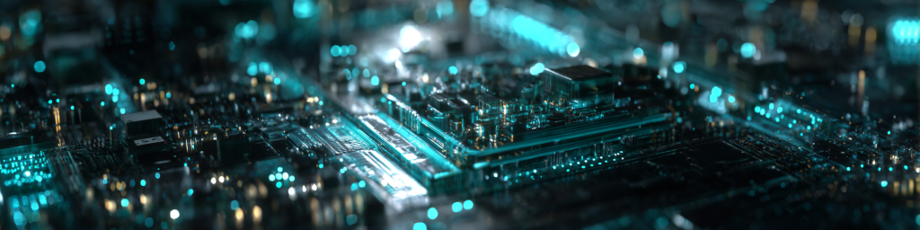 Teal glowing circuit board, advanced microchips, electronic hardware, tech innovation, futuristic electronics