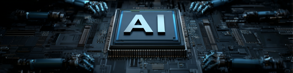 AI-emblazoned processor chip, robotic arms, dark circuit board, artificial intelligence hardware, tech innovation