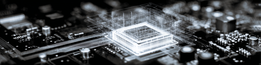 Black-and-white wireframe hologram chip, intricate circuit board, semiconductor technology visualization, electronic hardware design
