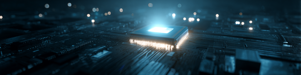 Blue glowing processor chip, dark circuit board, bokeh lights, tech innovation, semiconductor electronics, futuristic hardware