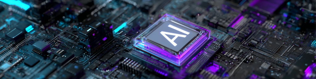 Blue-purple halored AI-emblem chip, intricate circuit board, semiconductor hardware, artificial intelligence tech component