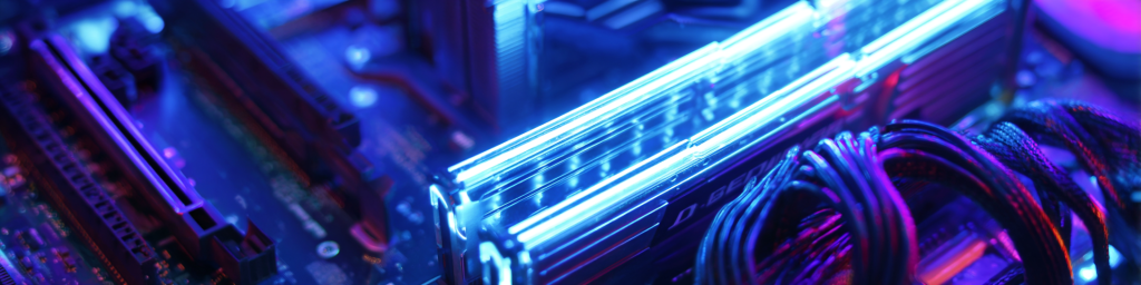 Blue-purple neon-lit RAM module, motherboard, braided cables, computer hardware, gaming-style tech components