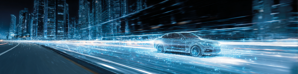 Blue-toned futuristic city, digital wireframe autonomous car, speed light trails, smart mobility, futuristic transportation, urban tech innovation