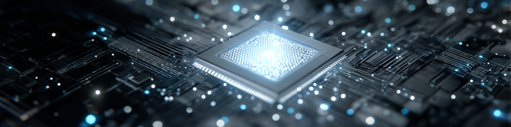 Bright white-glowing microchip, circuit board, scattered light points, semiconductor component, advanced tech hardware