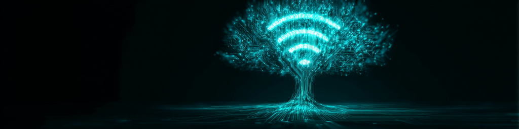 Cyan futuristic tech tree, WiFi symbol, circuit board design, digital connectivity, tech innovation, wireless technology concept