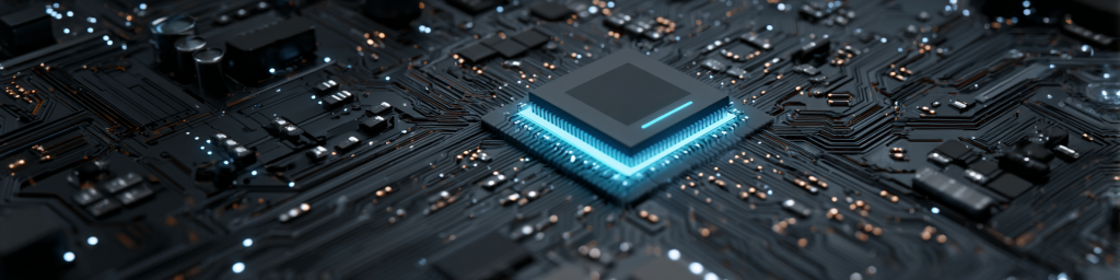 Cyan-glowing microchip, dark circuit board, subtle light accents, semiconductor component, advanced electronic hardware