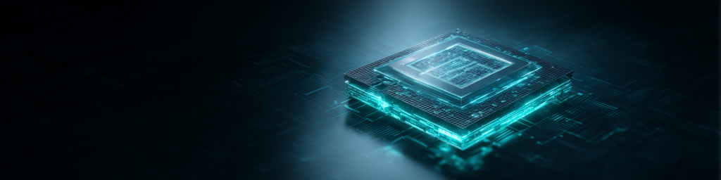 Cyan glowing multilayer processor chip, dark tech background, semiconductor innovation, futuristic electronics, advanced hardware design