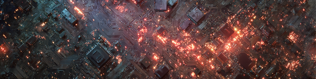 Cyberpunk circuit board, red orange teal glowing components, electronic hardware, tech innovation, futuristic electronics