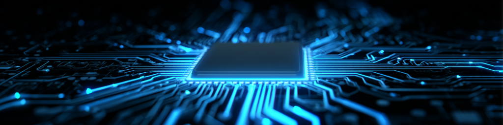 Deep blue glowing circuit board, central processor chip, futuristic tech, semiconductor innovation, electronic circuitry