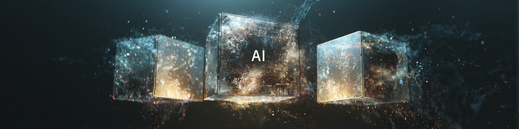Futuristic AI tech cubes, glowing particles, dark digital scene, artificial intelligence innovation, tech visualization