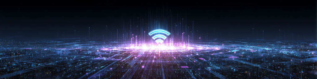 Futuristic city, glowing WiFi symbol, digital network connections, wireless technology, urban connectivity