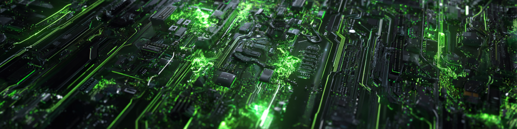 Green glowing futuristic circuit board, intricate electronic components, tech innovation, semiconductor design, digital circuitry