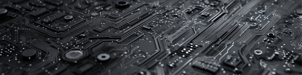 Monochrome black circuit board, intricate electronic components, tech hardware, semiconductor design, futuristic electronics